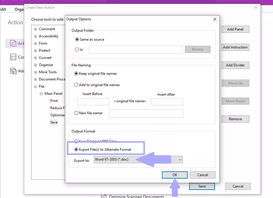 select export files to alternate format in foxit