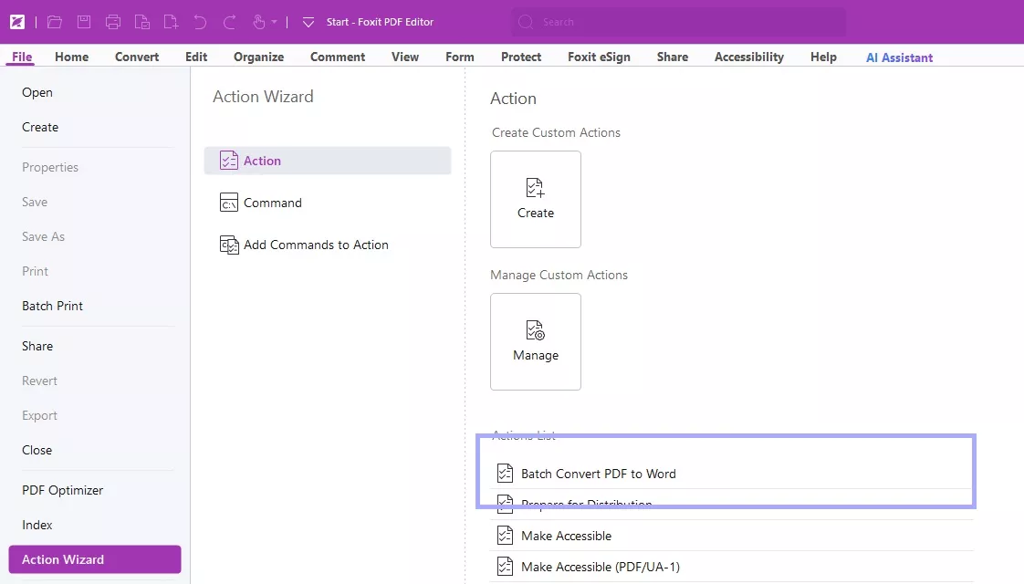 select your newly created action in foxit