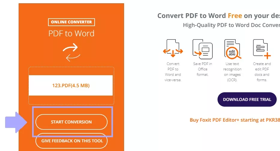 start pdf to word conversion in foxit