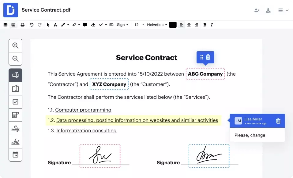 user interface of dochub online tool