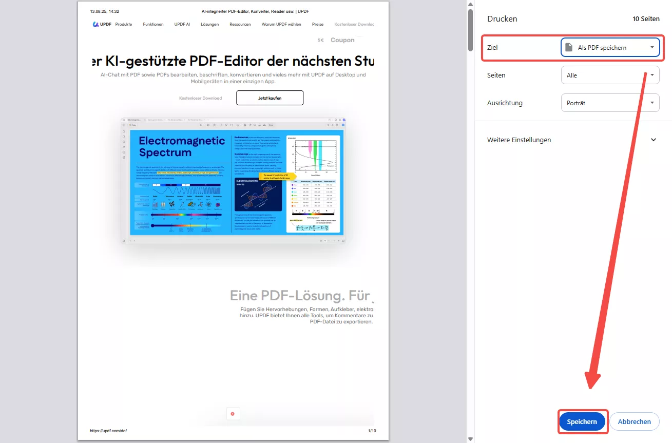 als PDF speichern, um im Browser zu drucken
