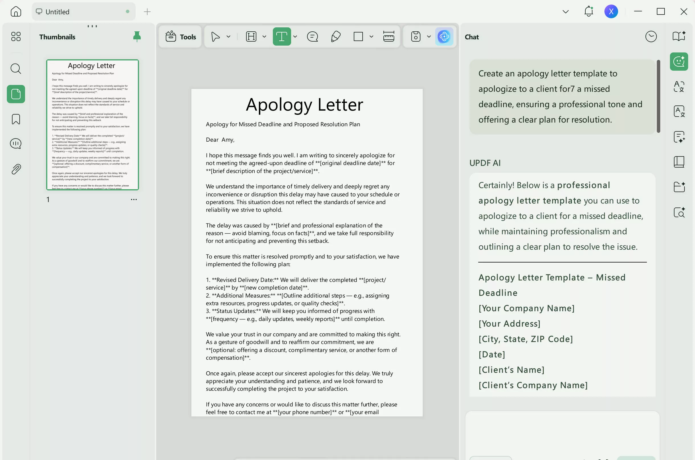 apology letter template created using UPDF
