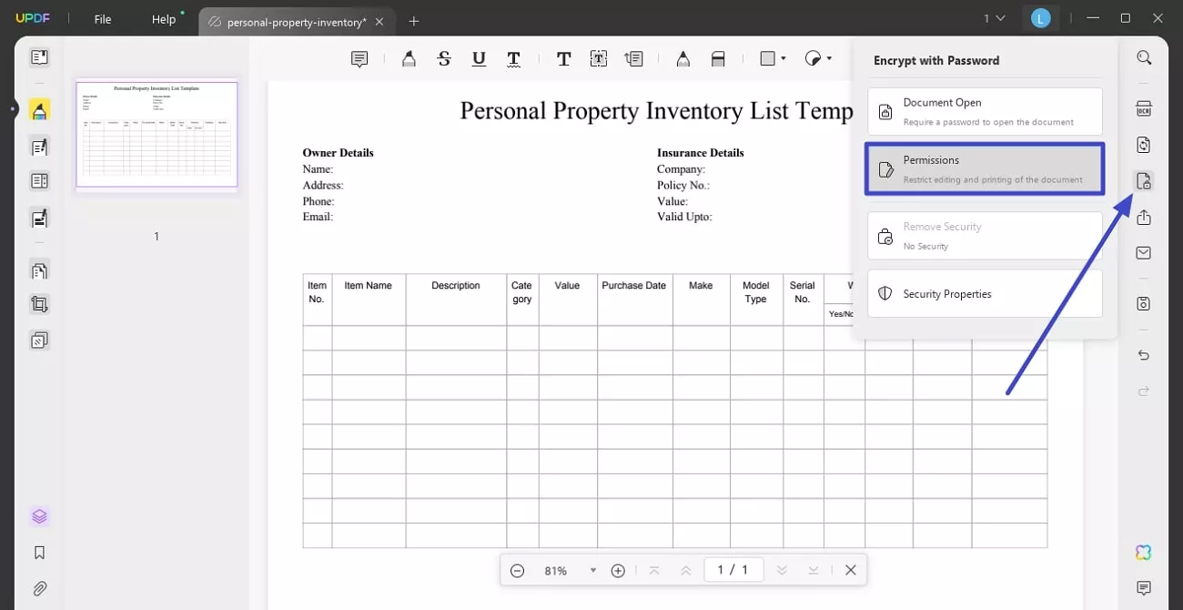 add password permissions updf