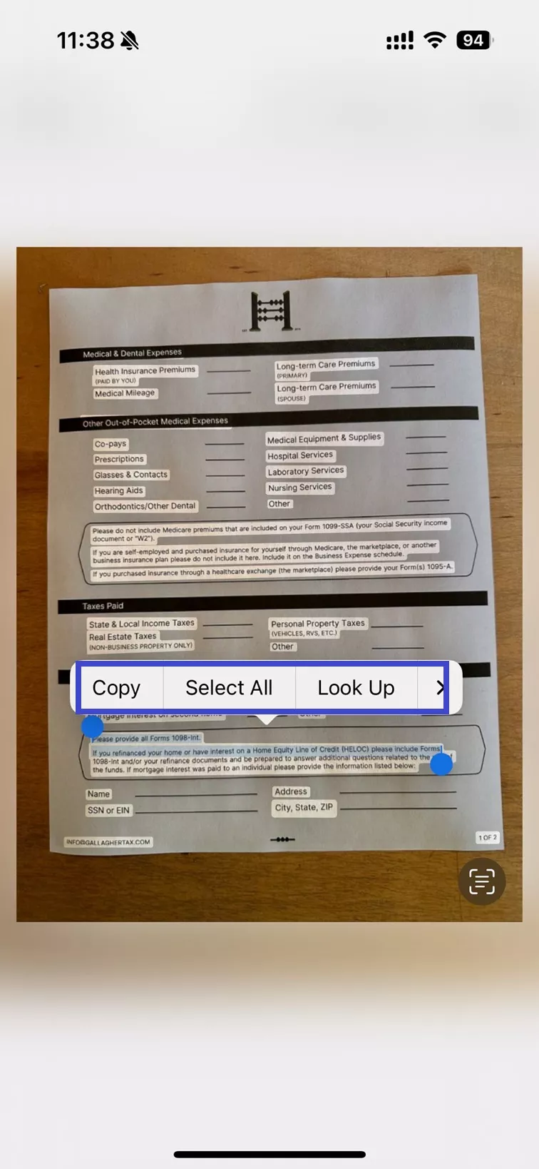 copy the text of the OCRred form