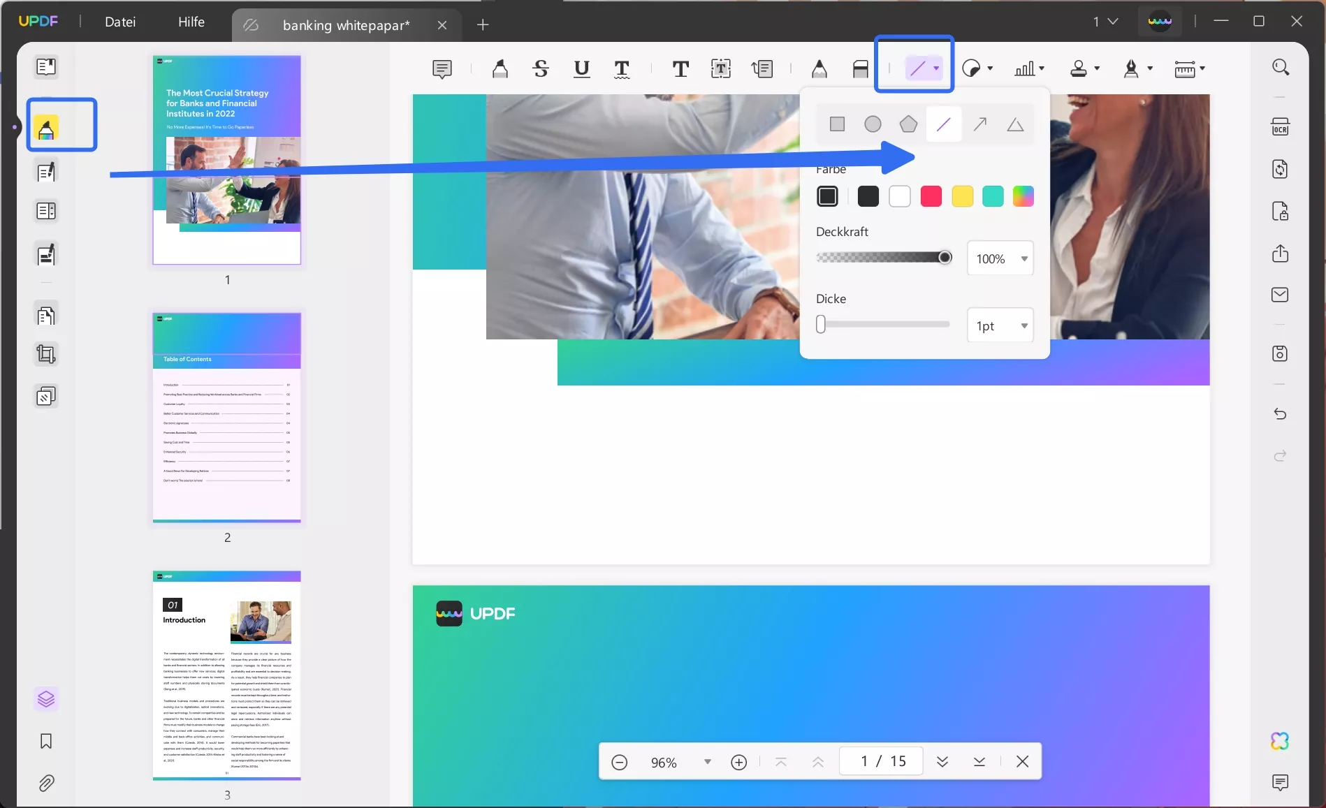Linien im PDF zeichnen Wählen Sie die Linienoption