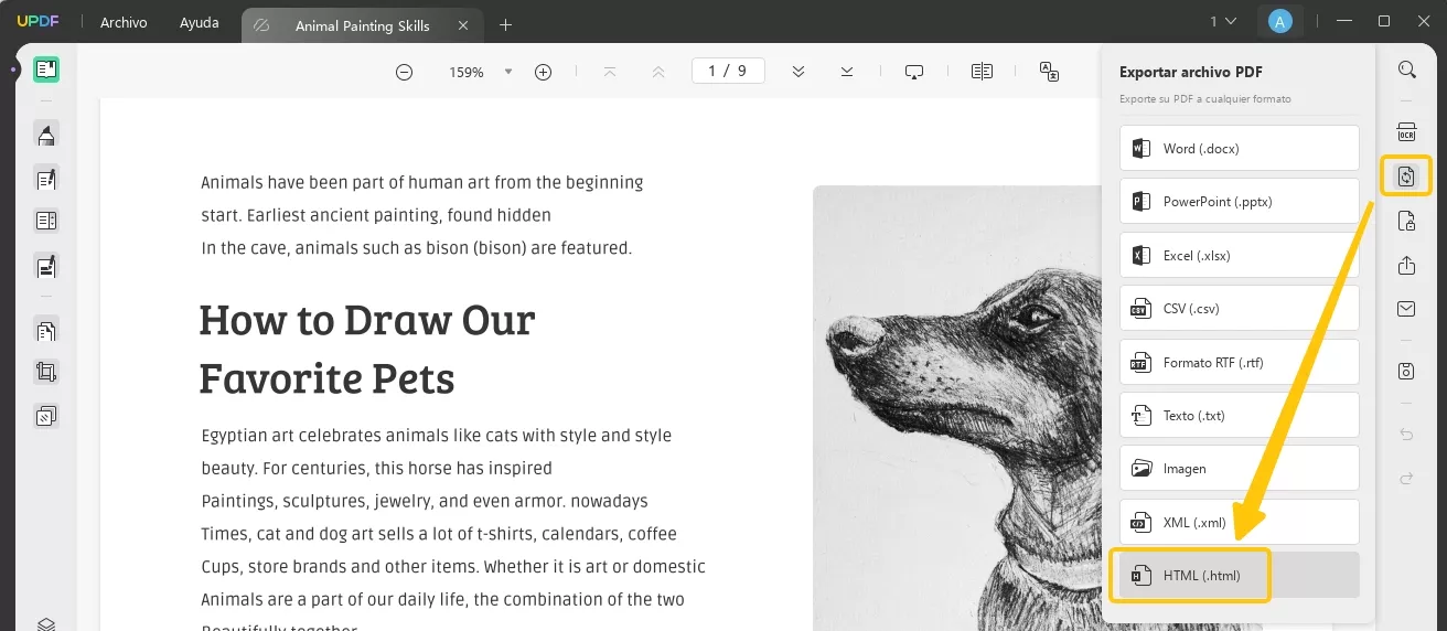 exportar archivo PDF como html