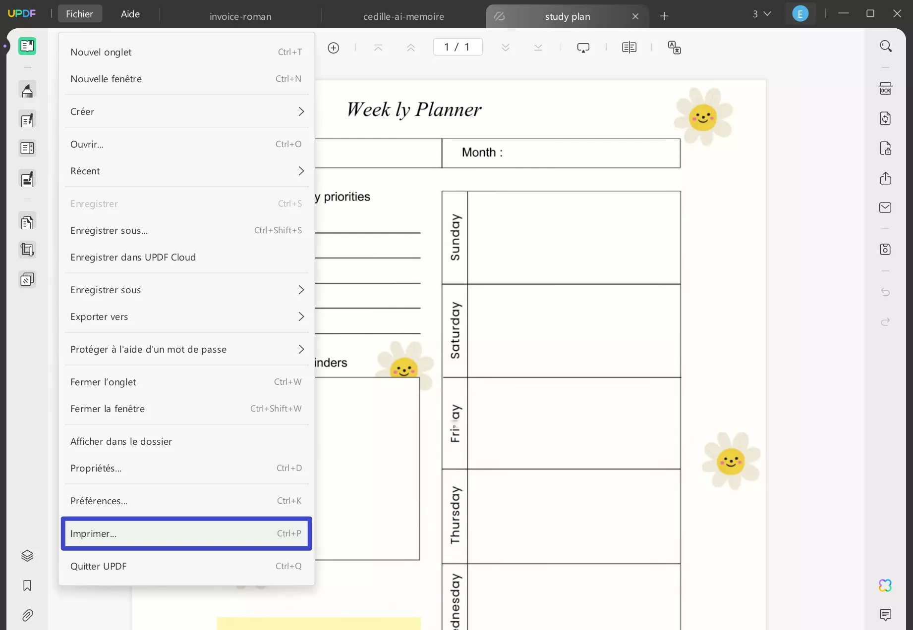 planning semaine à imprimer pdf