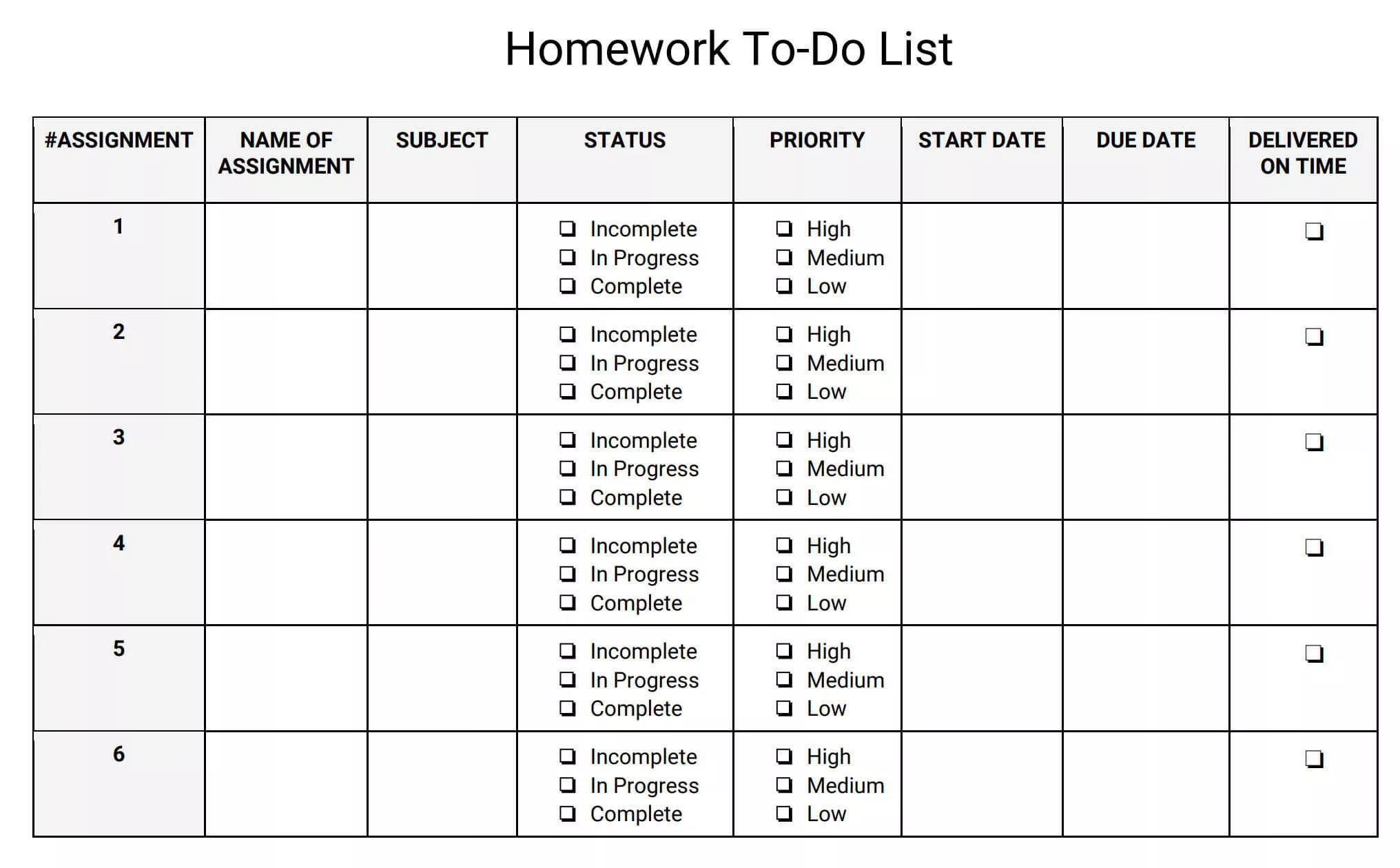learning task checklist form