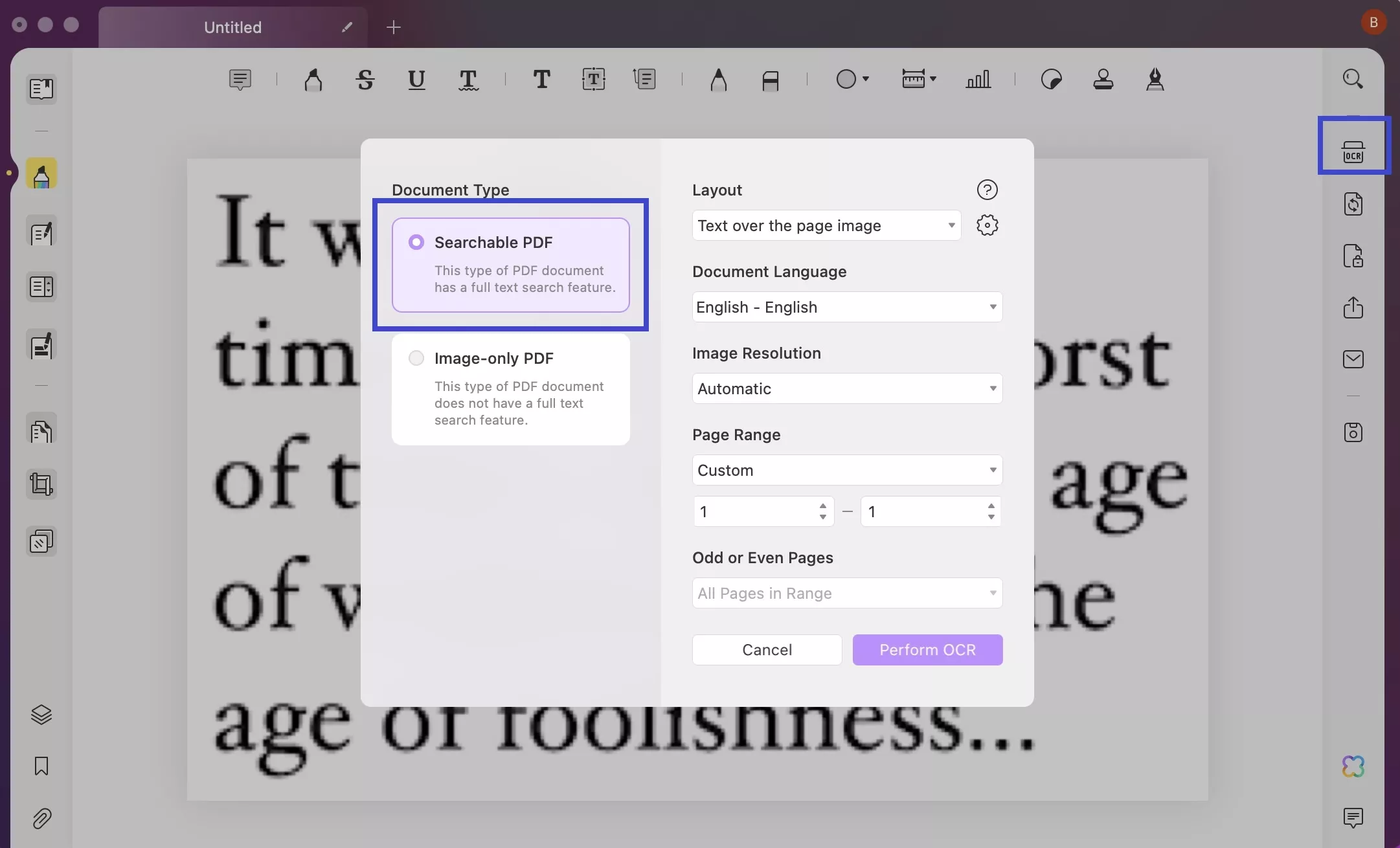 perform ocr for searchable pdf