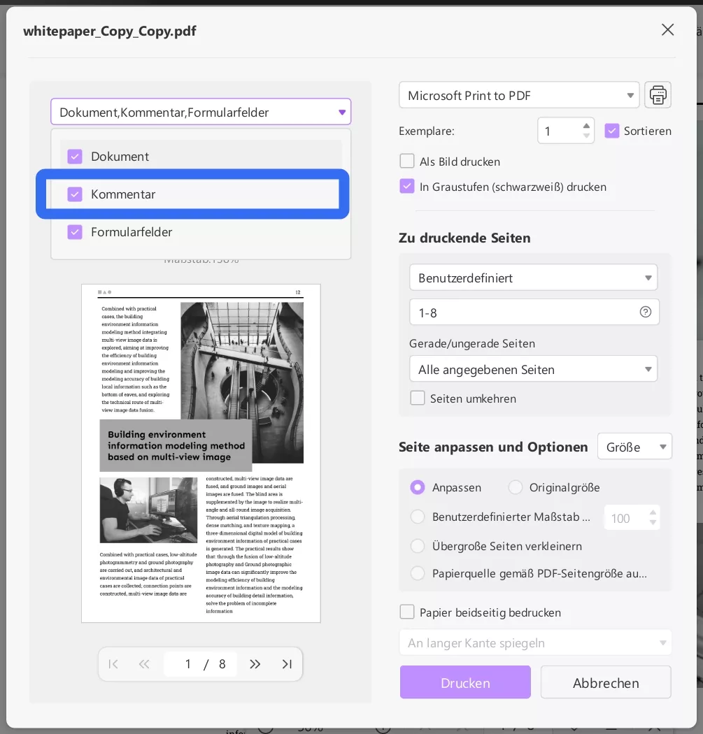 PDF mit Kommentaren drucken