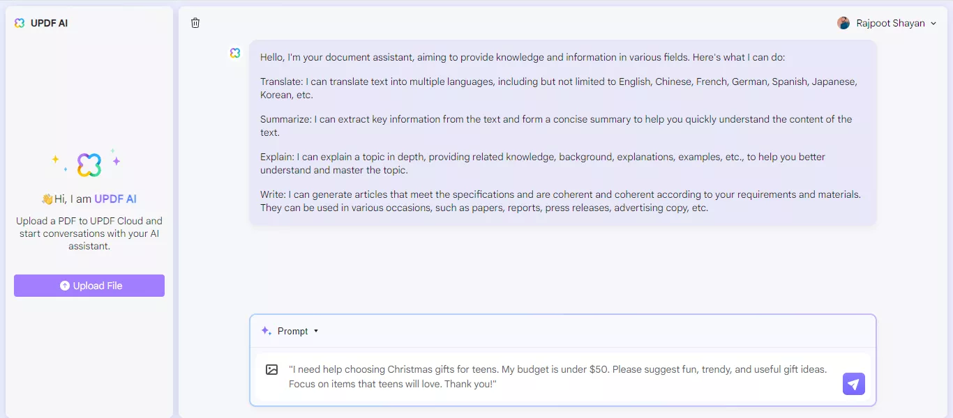 prompt for christmas gifts for teens with updf ai online