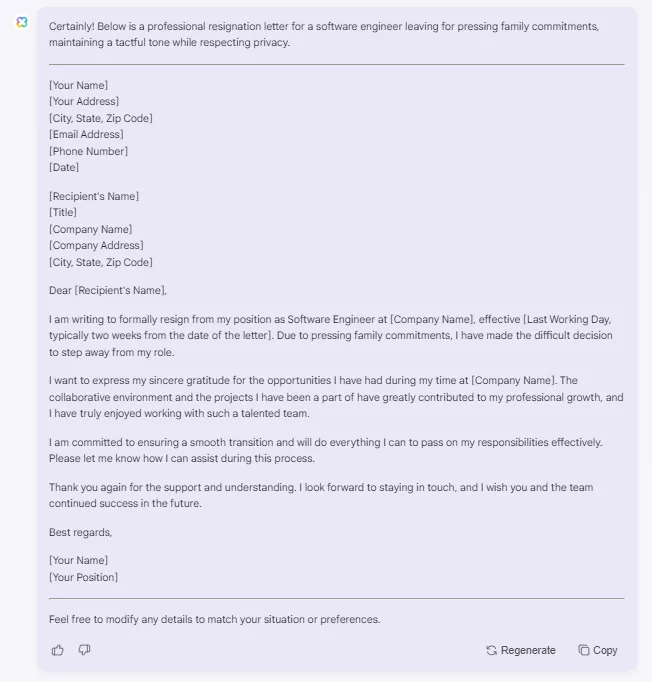 resignation letter for personal reasons created by updf online ai