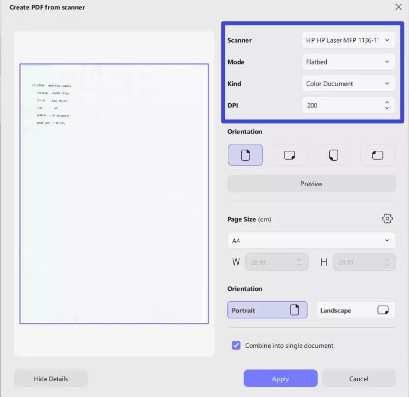 pick scanner and file settings