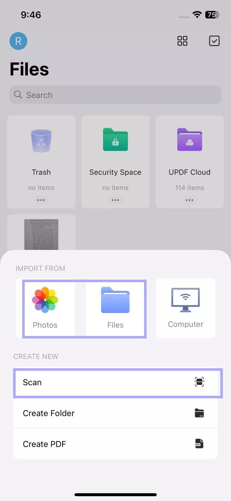 select photos, files, or scan in updf ios