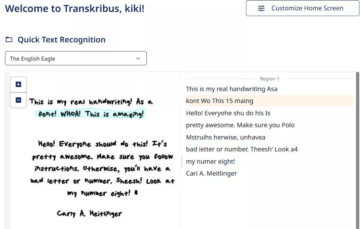 transkribus recognize handwritten text