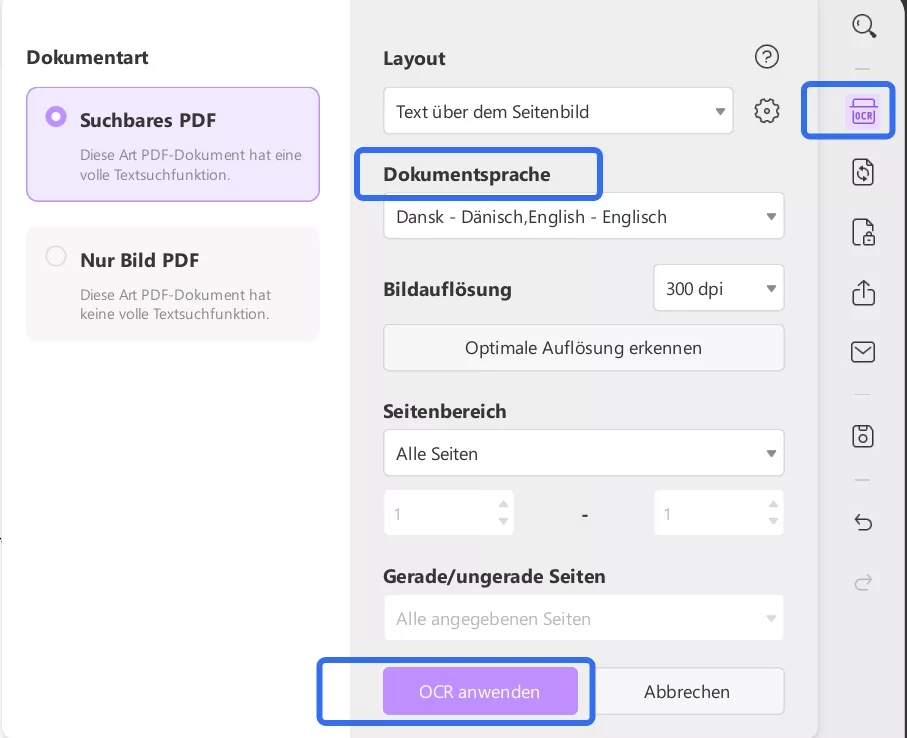 Passen Sie die Einstellungen an und klicken Sie auf „OCR in UPDF durchführen, um Gleichungen in gescannter PDF zu finden“