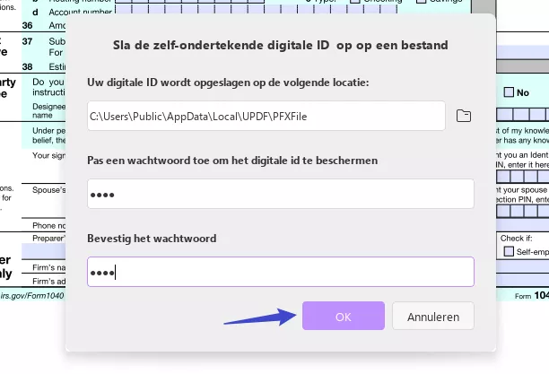 locatie en wachtwoord toevoegen om digitale handtekening updf windows te maken