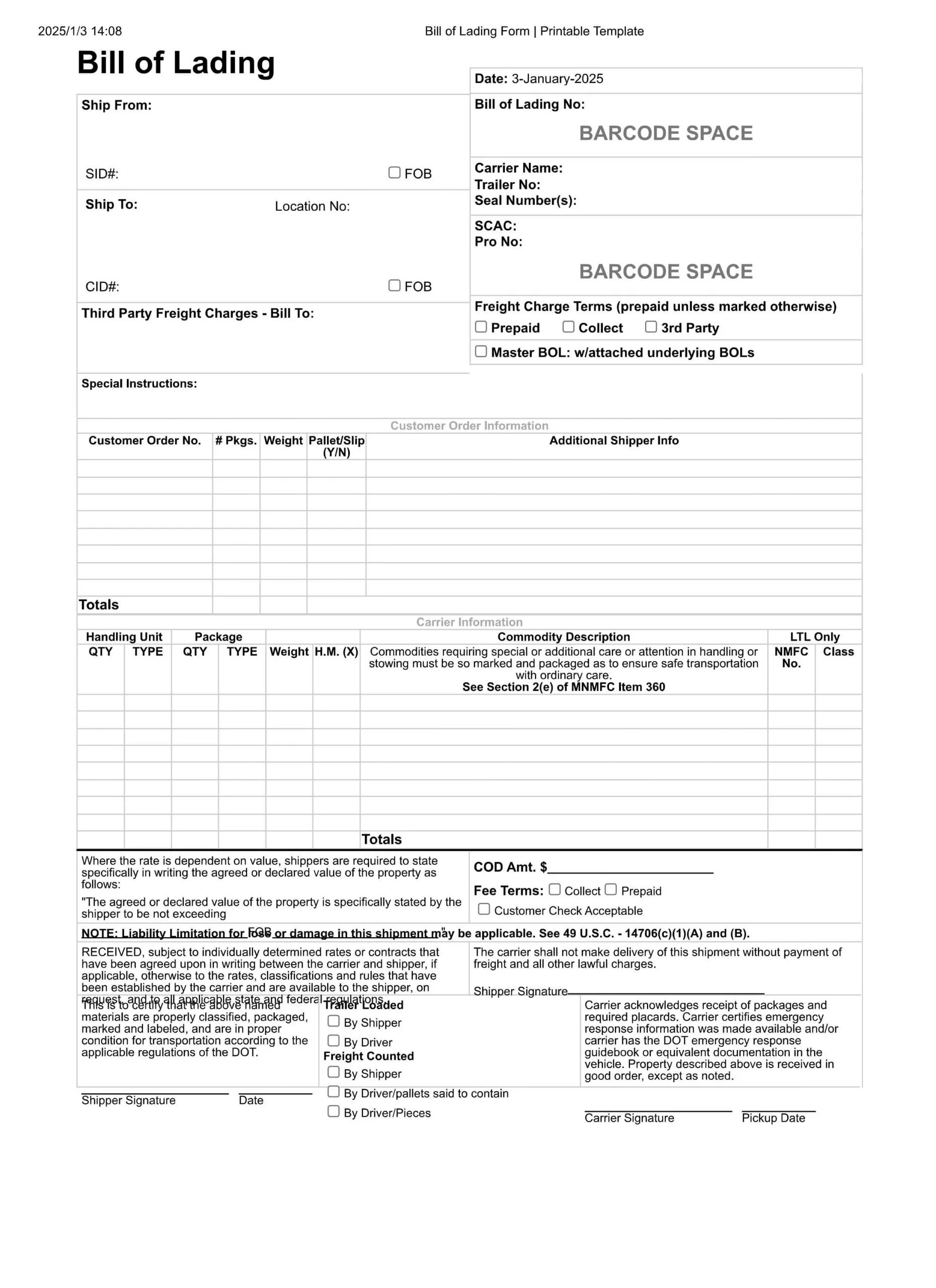 Bill of Lading Form Template