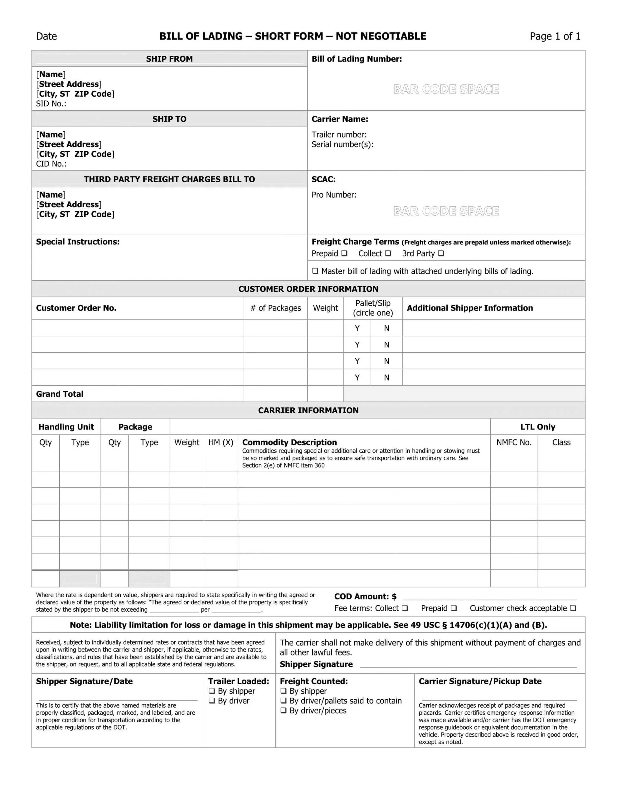 Bill of Lading Form Template