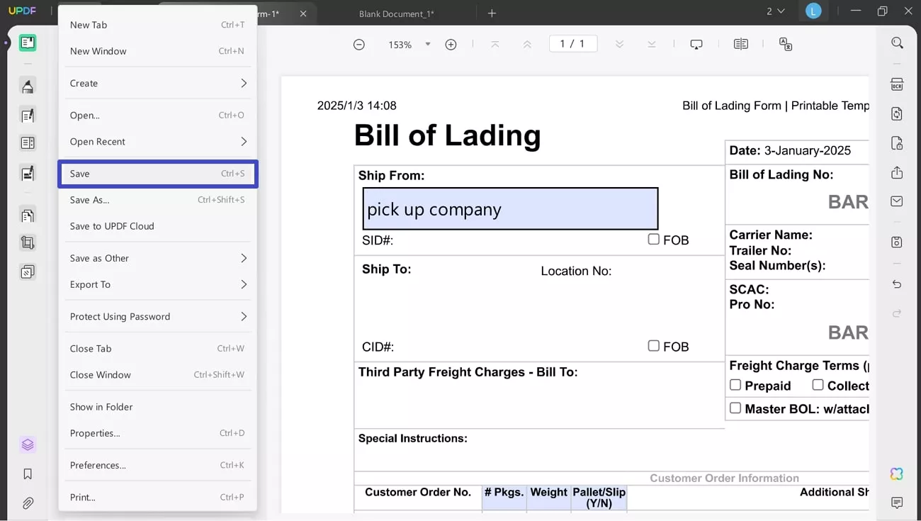 save your bill of lading form