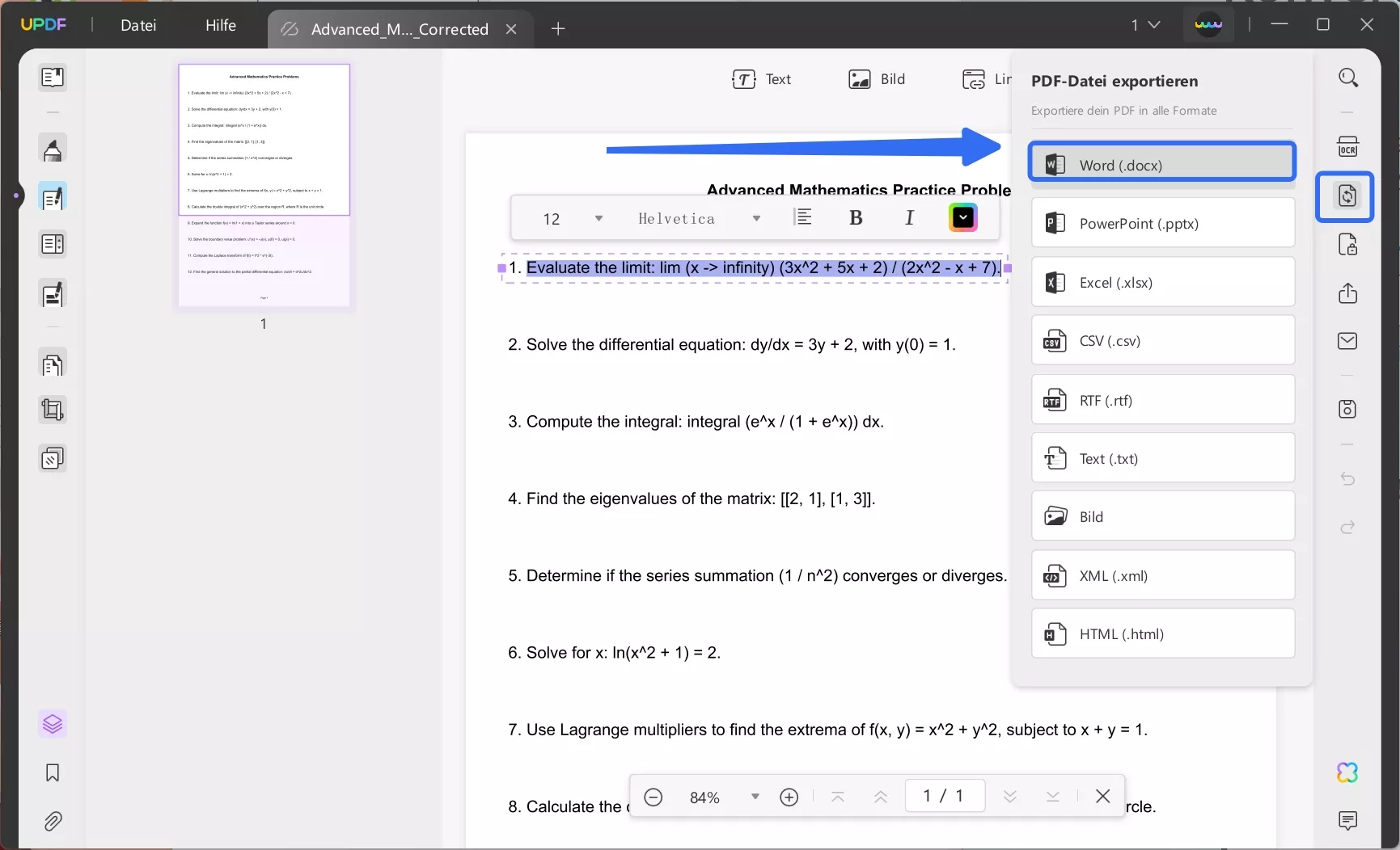 PDF mit Gleichung nach Word exportieren mit UPDF