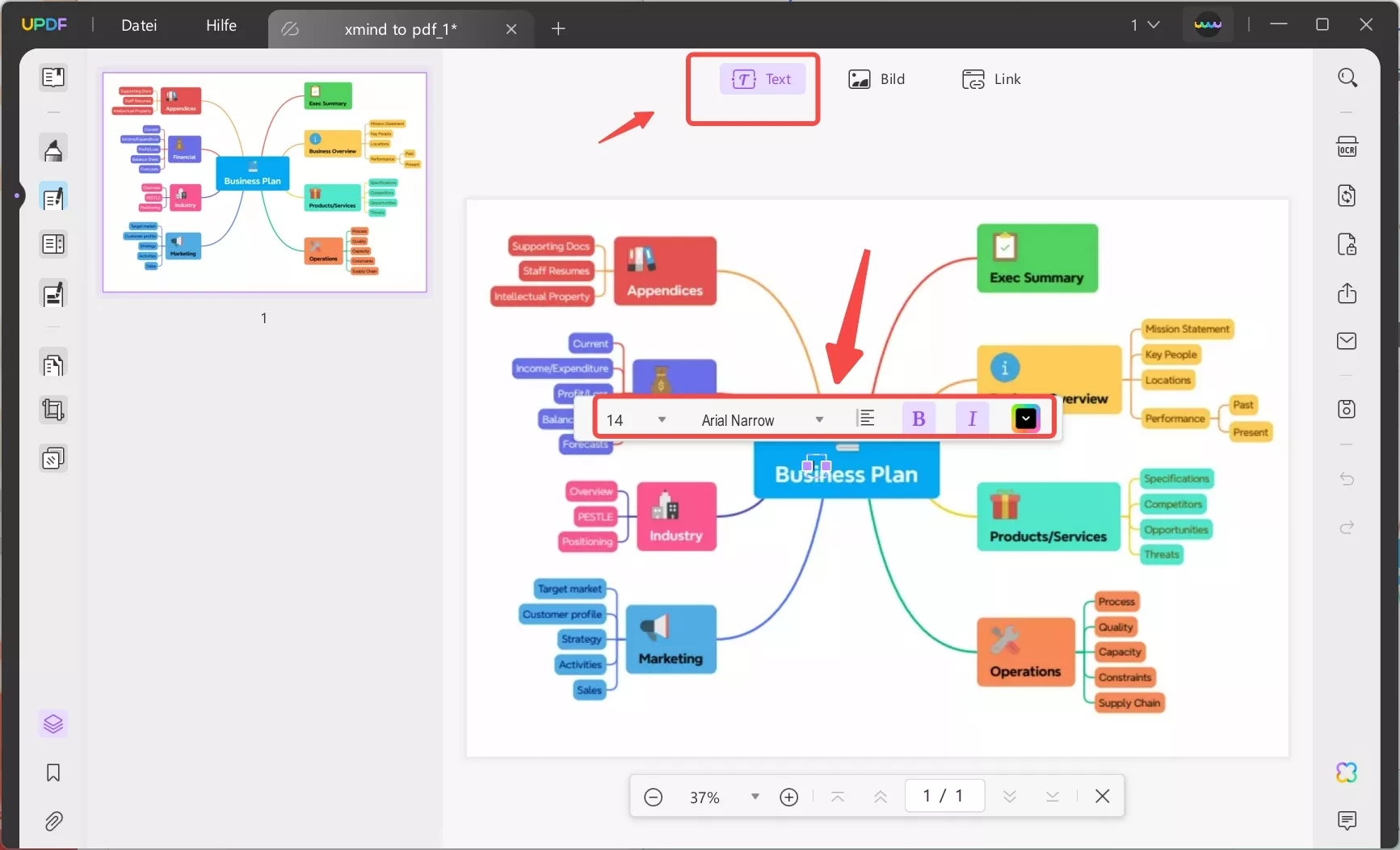 Bearbeiten Sie den Text in der PDF-Mindmap mithilfe der Bearbeitungstools mit UPDF