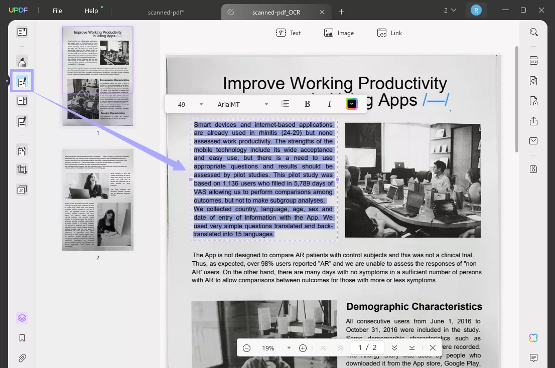 edit scanned text with the edit pdf mode updf