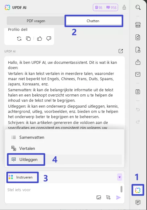 ga naar chat en selecteer uitleg uit de opties met updf ai windows