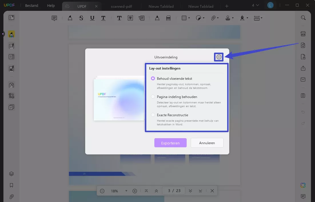Lay-outinstellingen bij het converteren van PDF naar Word met UPDF op Windows