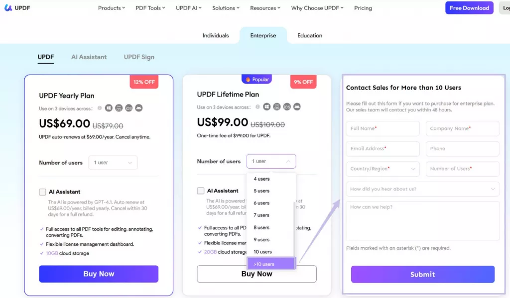 ผู้ใช้มากกว่า 10 รายสำหรับแผน Enterprise