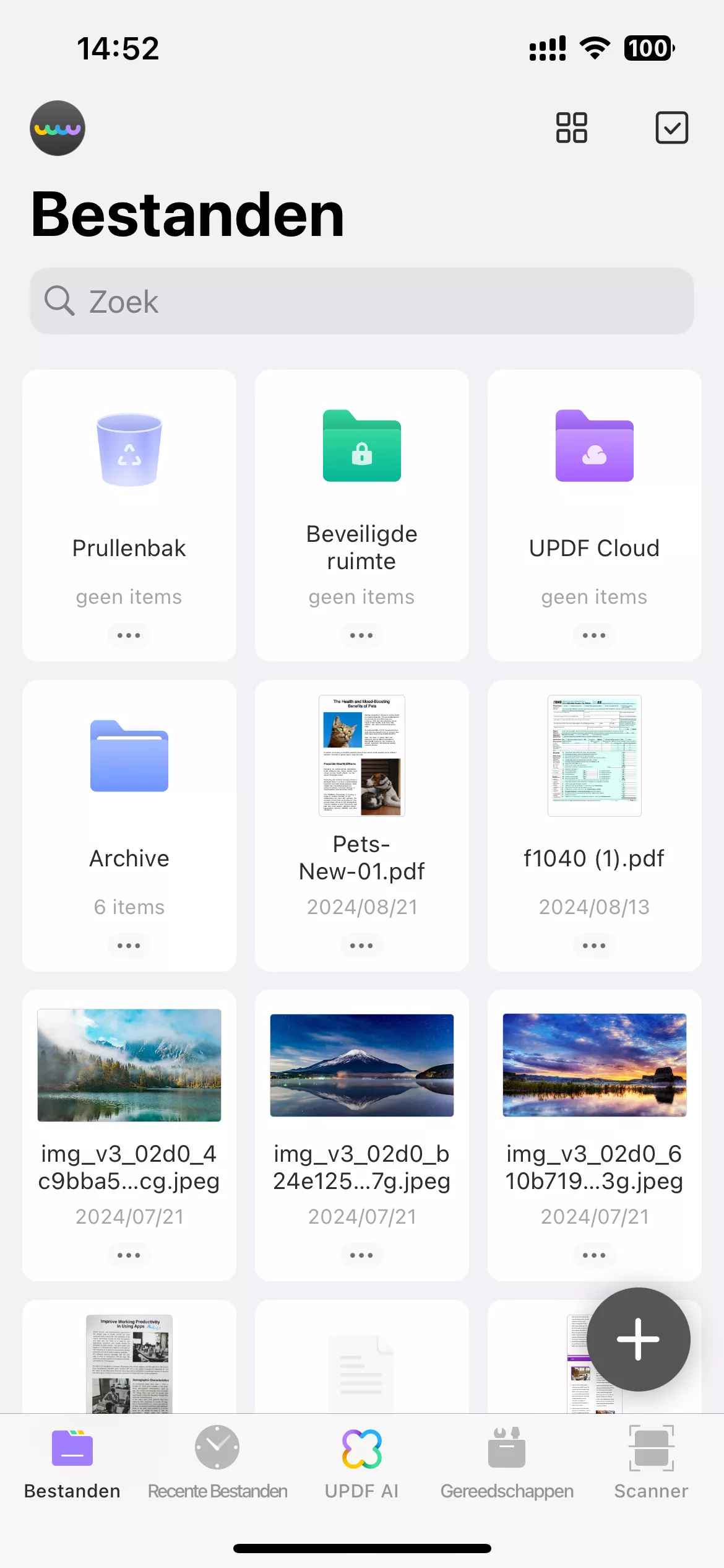Tik op plus om de pdf te uploaden naar updf ios