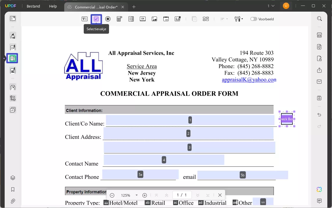 insert check boxes in the form updf windows