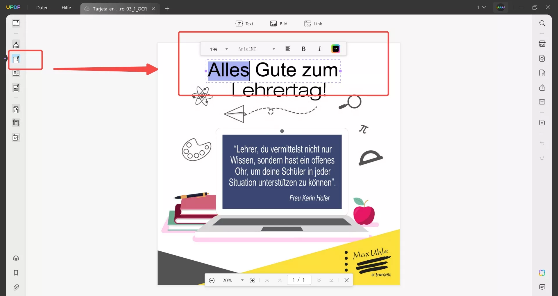 ügen Sie Text zur UPDF-Kartenvorlage für den Lehrertag hinzu