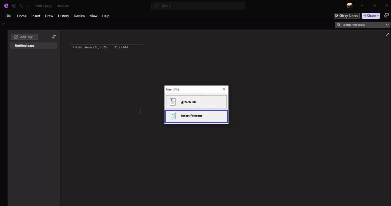 select the insert printout option