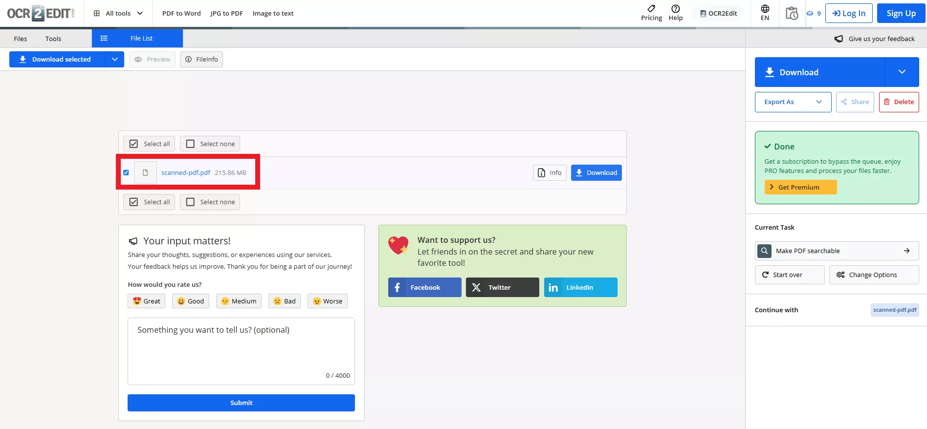Create Searchable PDF of OCR2Edit