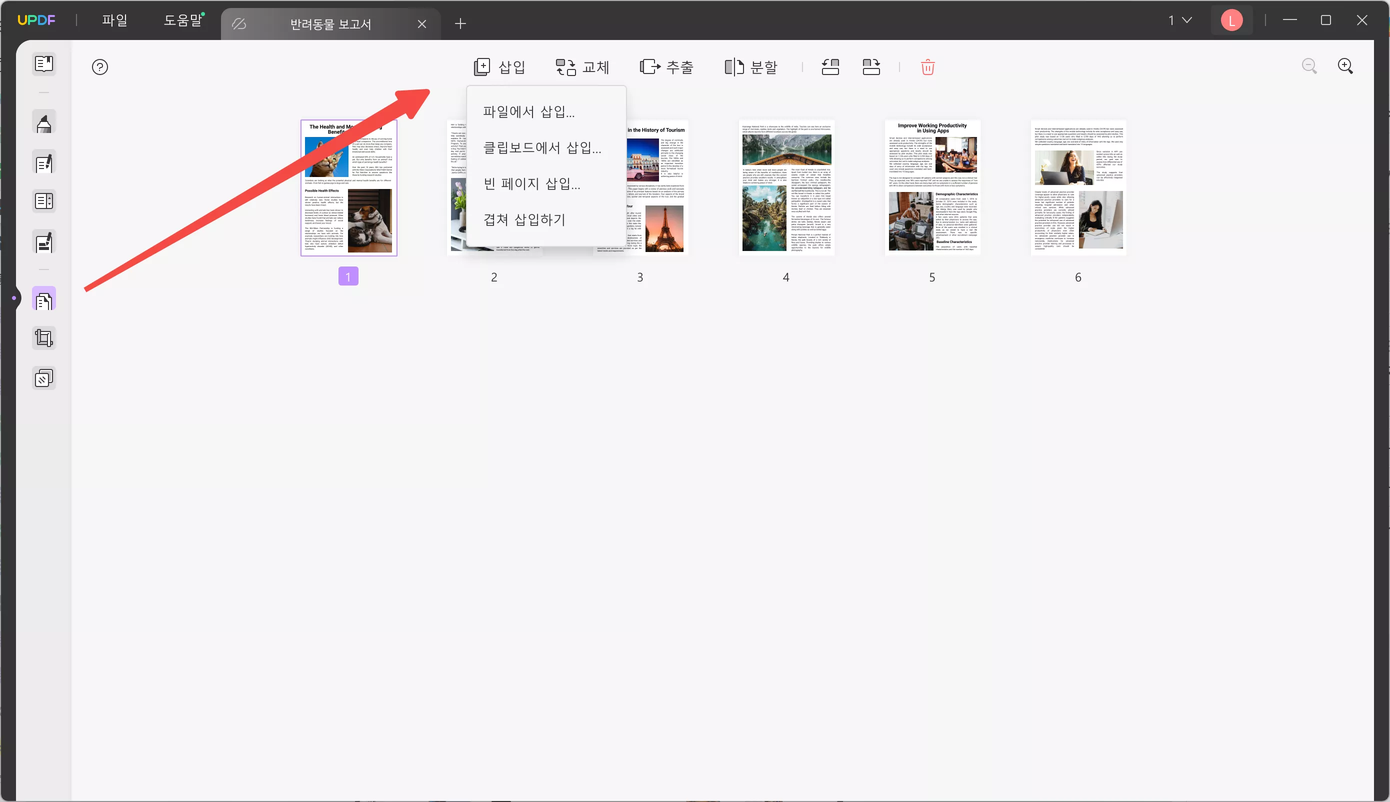 삽입 버튼을 클릭합니다.