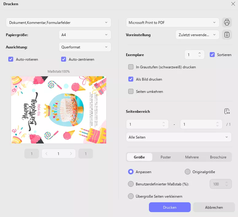 Drucken Sie die Geburtstagswunschkarte als PDF aus