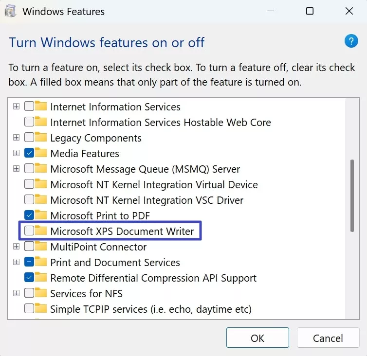 activate xps document writer settings