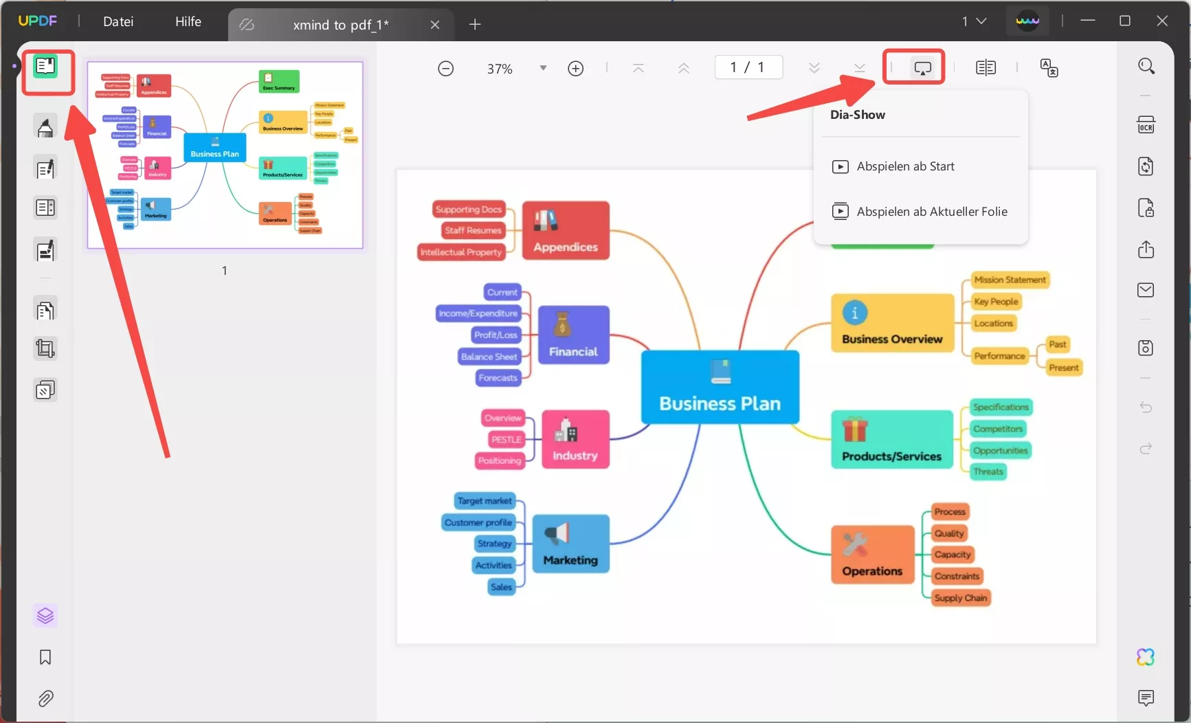 Präsentieren Sie die PDF-Mindmap in einer Diashow mit UPDF