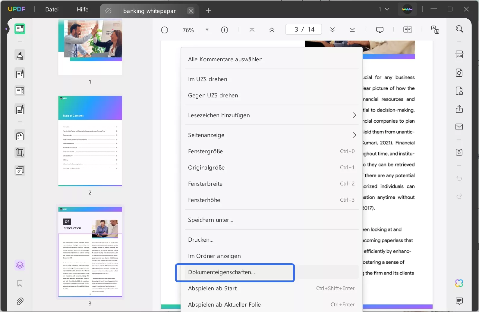 Wählen Sie die Option „Dokumenteigenschaften“ in UPDF