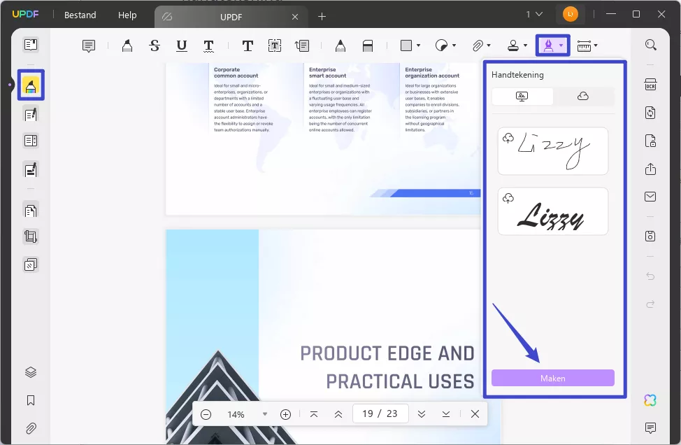 Selecteer de handtekeningtool en klik op updf-vensters maken