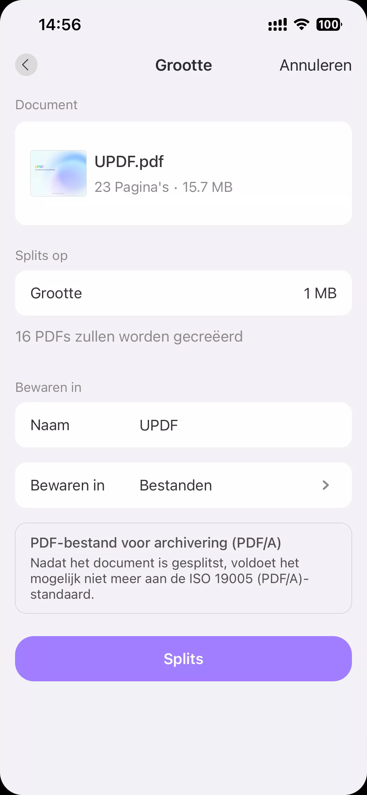 pdf splitsen met bestandsgrootte met updf voor ios