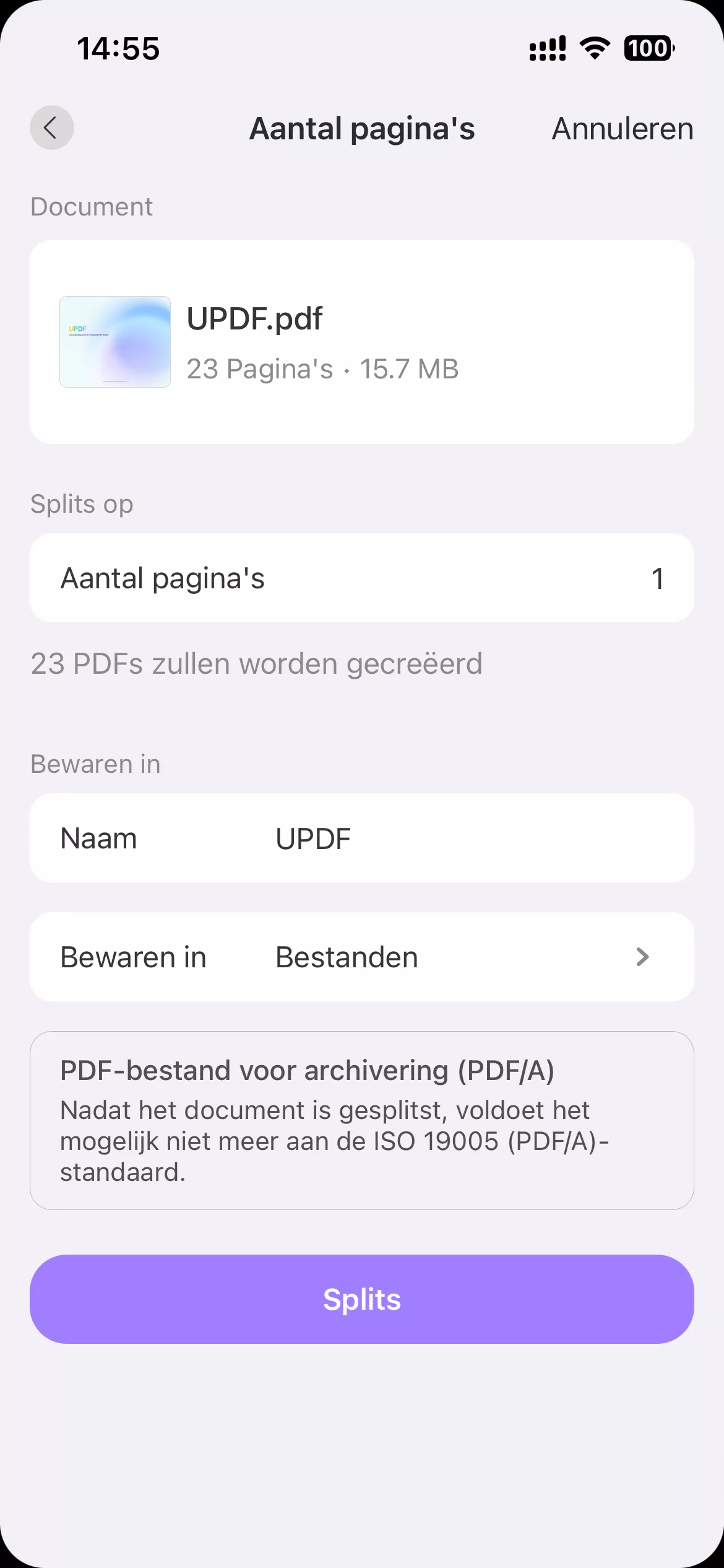 pas de instellingen aan voor het splitsen van pdf in updf voor ios