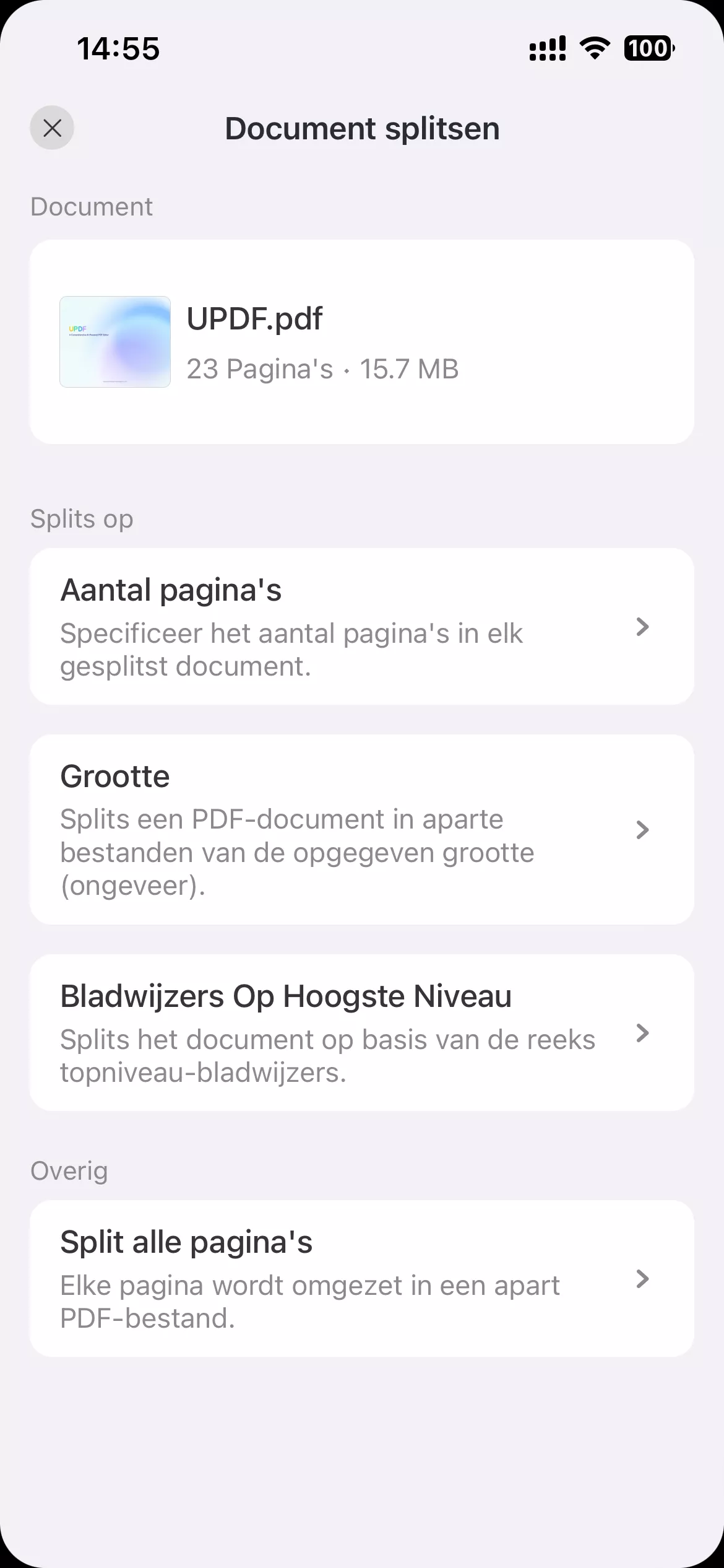 tik op het aantal pagina's in updf voor ios
