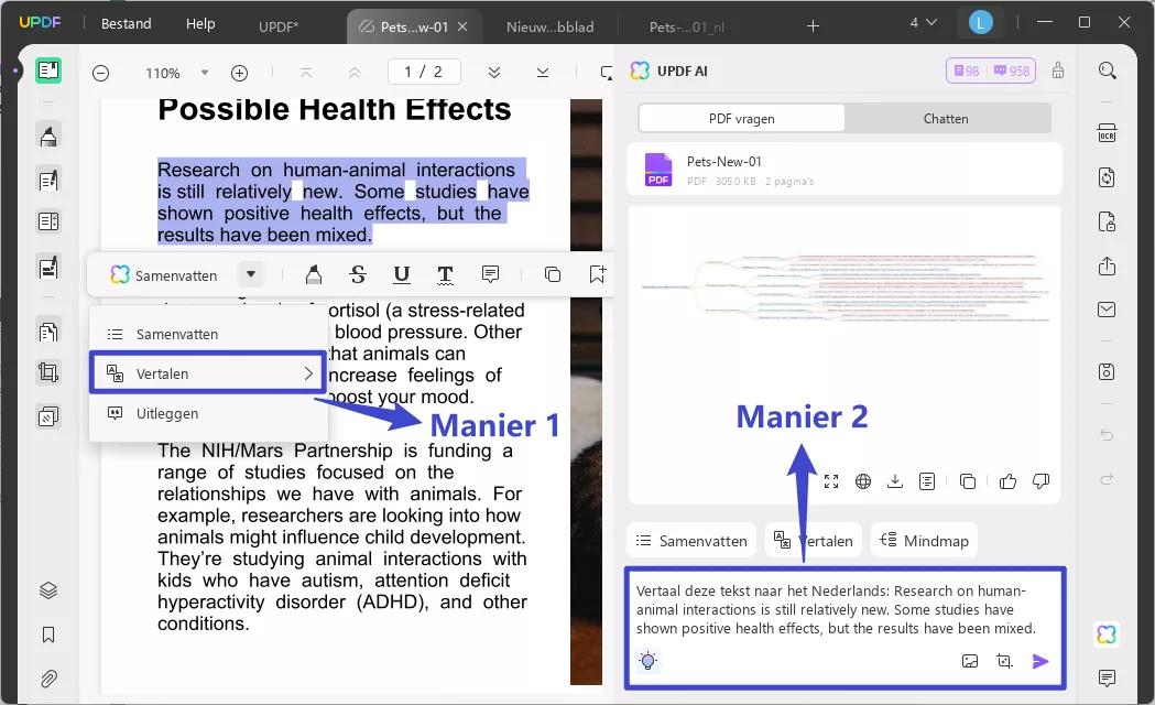 Andere vertaalfuncties van UPDF