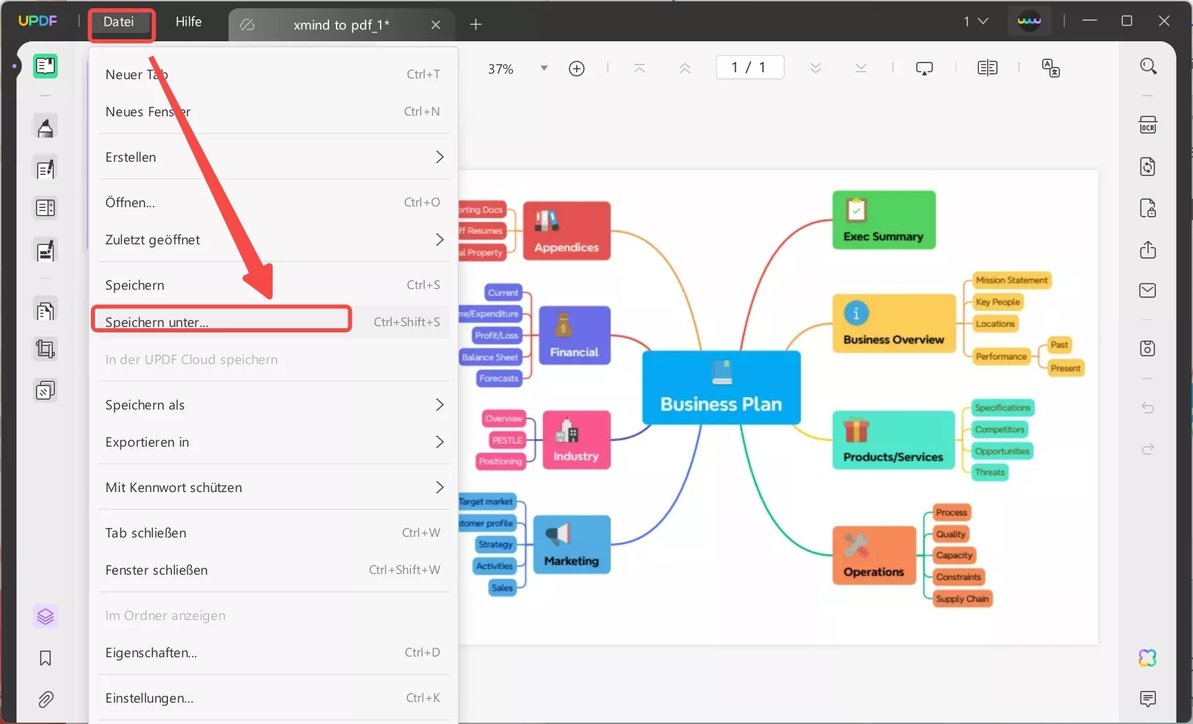 Speichern Sie die endgültige PDF-Mindmap-Datei mit updf