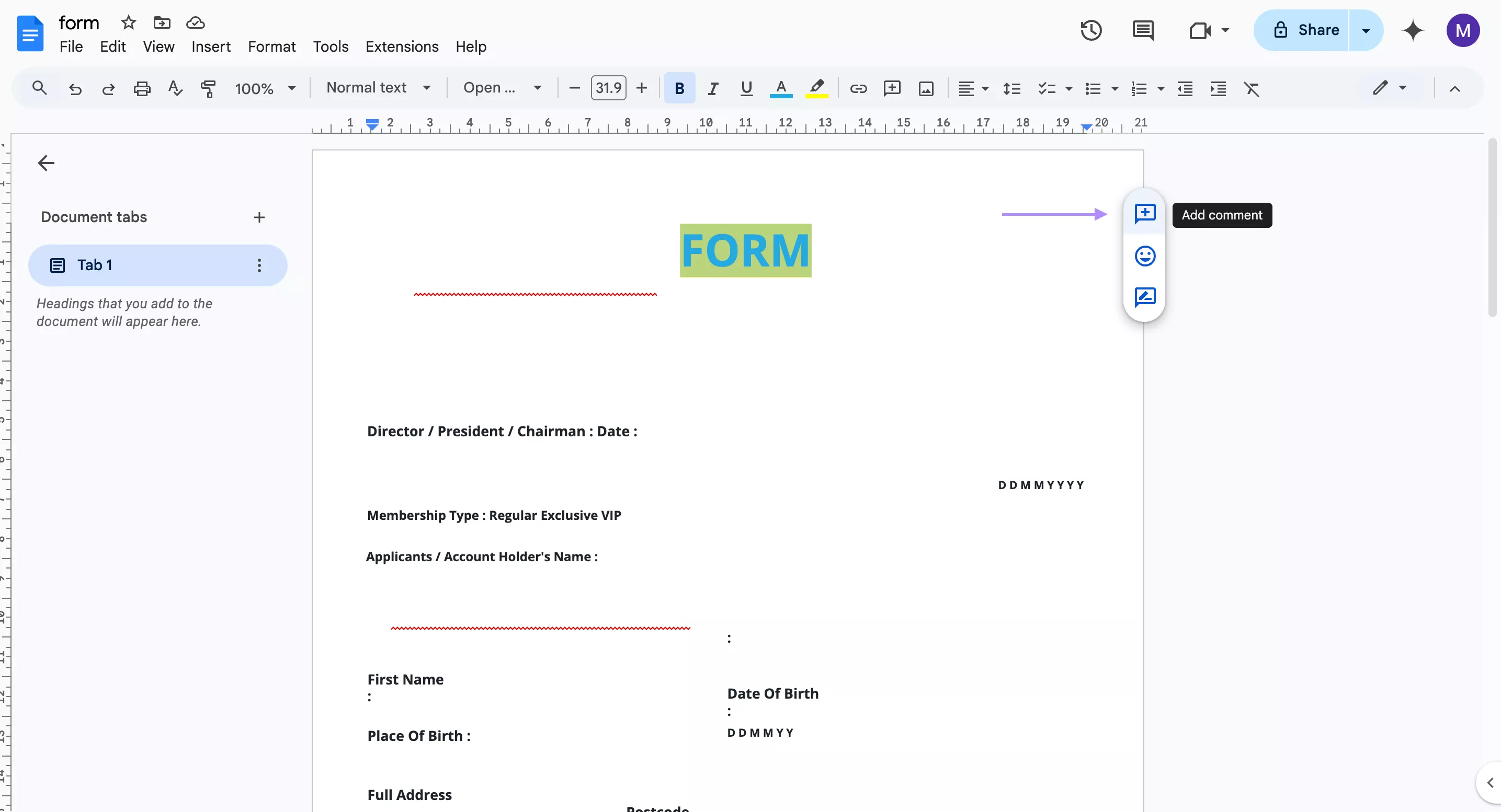 add comment in google docs