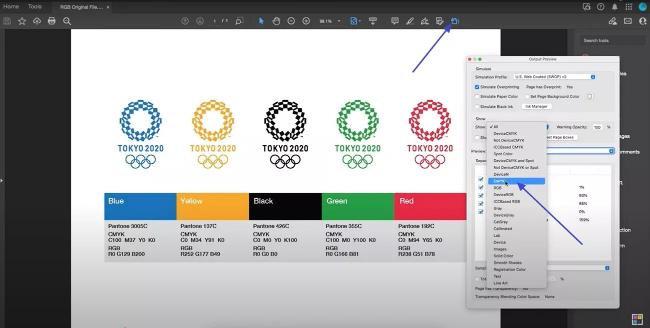 choose cmyk format from show menu