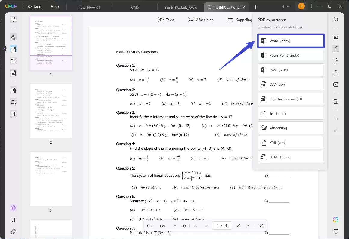 exporteer pdf met vergelijking naar word met updf
