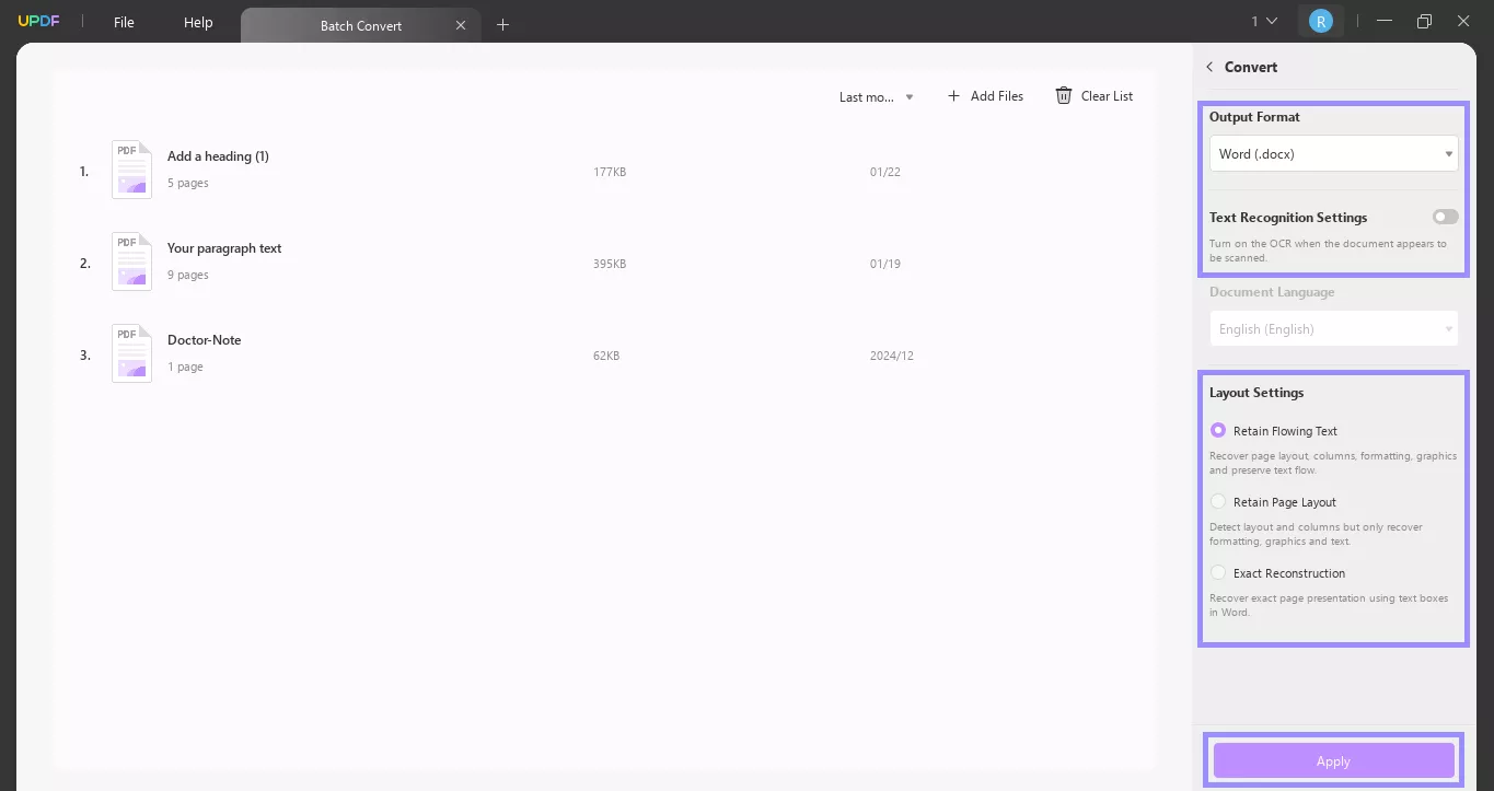 customize settings to batch convert pdf to word updf